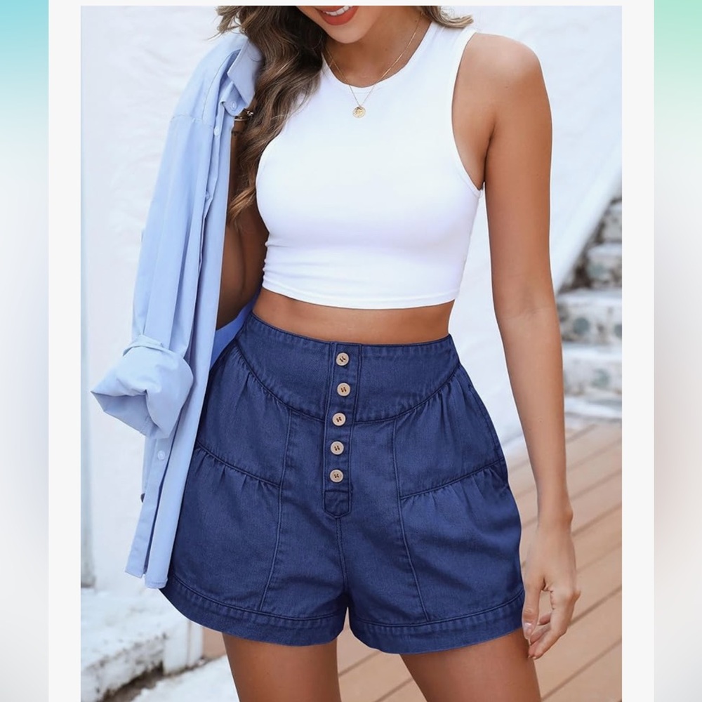 Women's Blue Denim Shorts - Picture 3 of 4